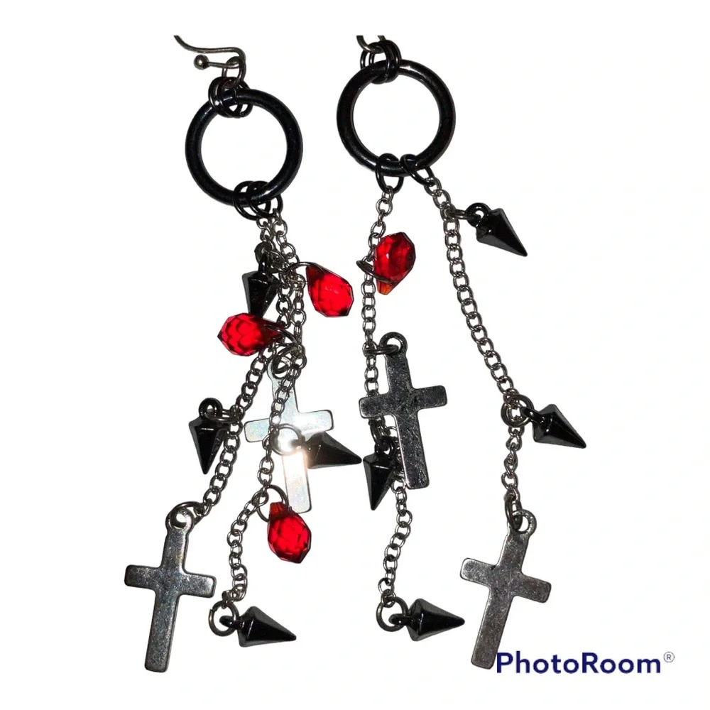 4” Dangling Earrings Chains Crosses Black Spikes & Blood Red Crystals Religion